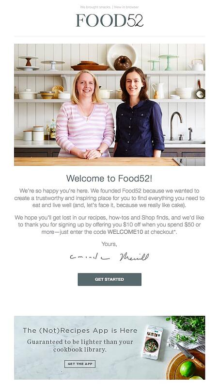 E-mail de bienvenue de Food52 avec un CTA gris pour commencer
