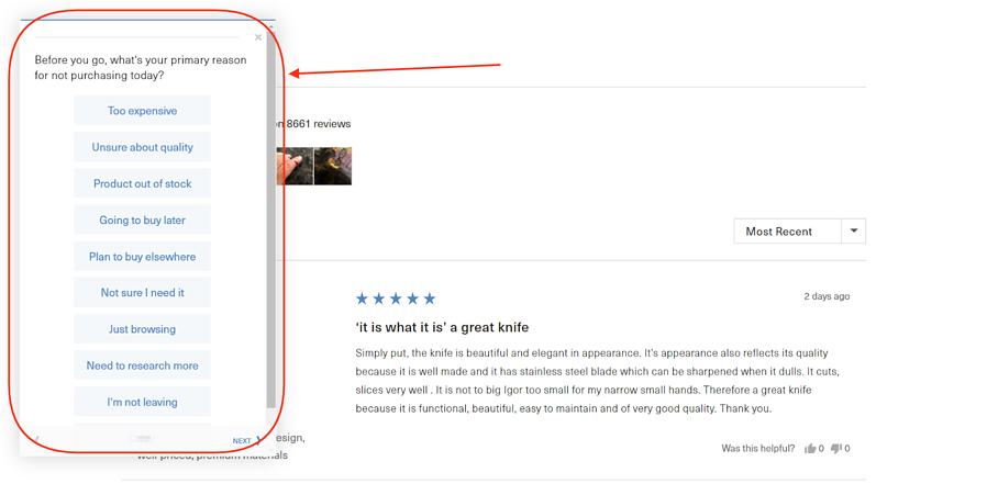 Pop-up d'intention de sortie Misen