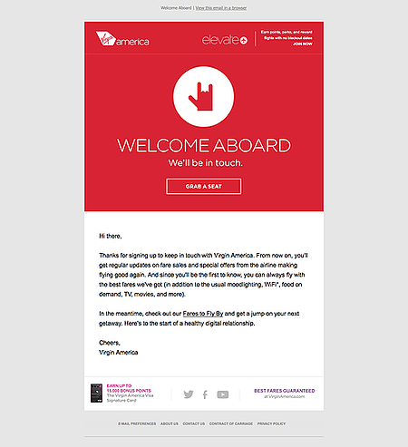 exemple d'e-mail de bienvenue : e-mail de bienvenue de Virgin America avec un CTA rouge pour commencer