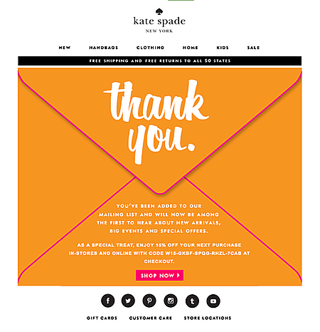 Exemple d'e-mail de bienvenue de Kate Spade avec un graphique d'enveloppe orange disant merci
