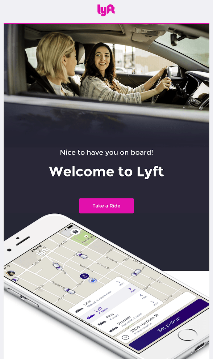 Exemple d'e-mail de bienvenue Lyft avec CTA rose pour commencer