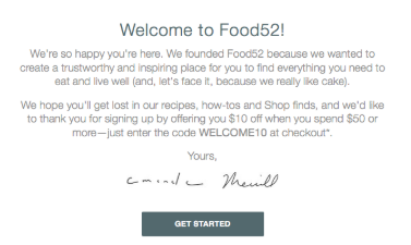 Exemple d'e-mail de bienvenue Food52 avec CTA