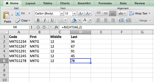 Formule RIGHT dans EXCEL