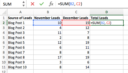 Formule SOMME entrée dans la colonne C de la feuille de calcul Excel pour trouver la somme des cellules B2 et C2.