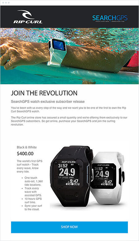 Exemple de campagne de marketing par e-mail : Ripcurl - "Rejoignez la révolution"