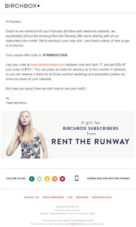 Exemple de campagne de marketing par e-mail : Birchbox - "Oups !"