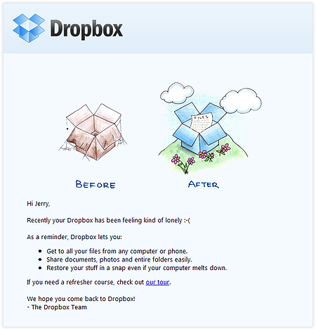Exemple de campagne par e-mail : Dropbox - "Récemment, votre Dropbox s'est sentie un peu seule"