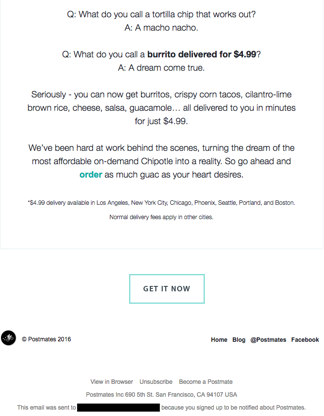 Exemple de campagne par e-mail : Postmates - "Comment appelez-vous une chips de tortilla qui fonctionne ? Un nacho macho."
