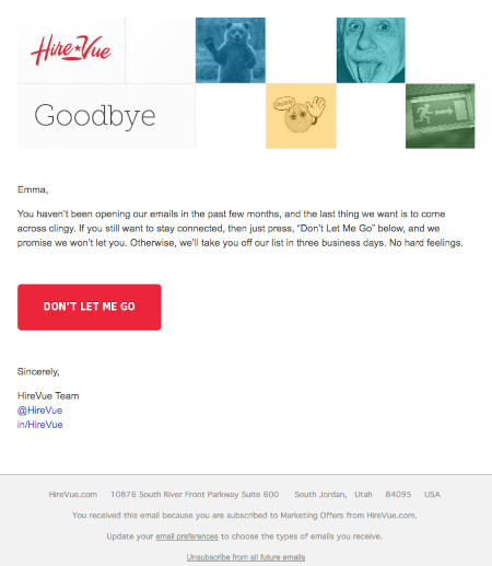 Exemple de campagne de marketing par e-mail : Hirevue - "Don't Let Me Go"