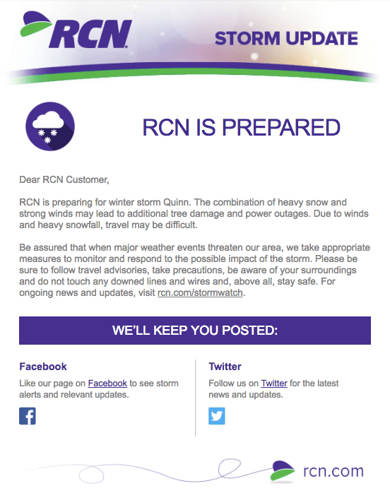 Exemple de marketing par e-mail : RCN - "RCN se prépare à la tempête hivernale Quinn"