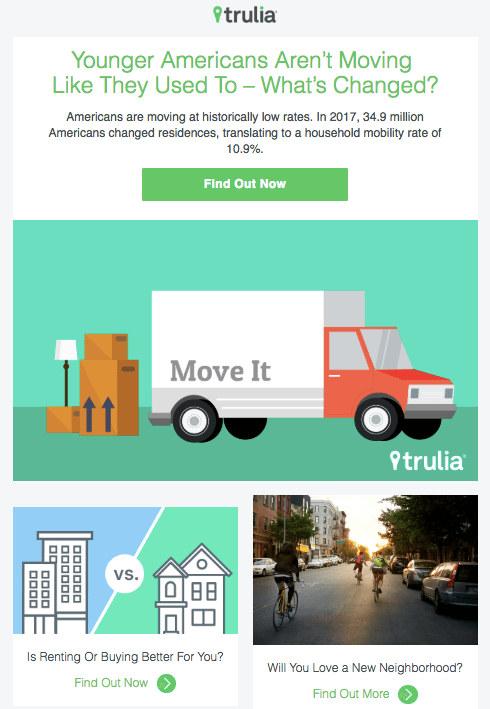 Exemple de campagne de marketing par e-mail : Trulia - "Les jeunes Américains ne bougent plus comme avant - qu'est-ce qui a changé ?"