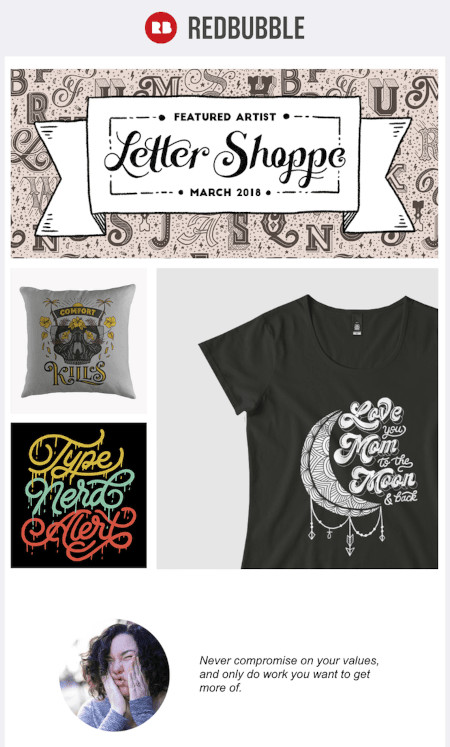 Exemple de campagne de marketing par e-mail : RedBubble - "Artiste en vedette : Letter Shoppe"