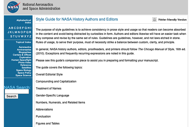 exemples de guide de style d'écriture : nasa