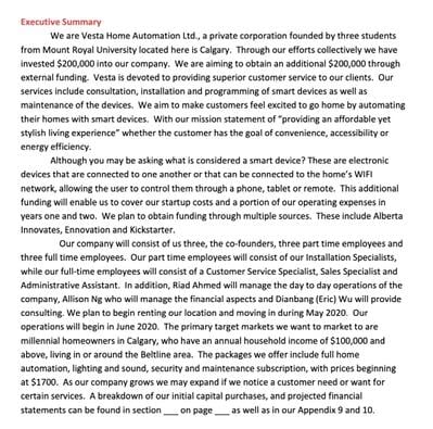 exemple de plan d'affaires : résumé de Vesta