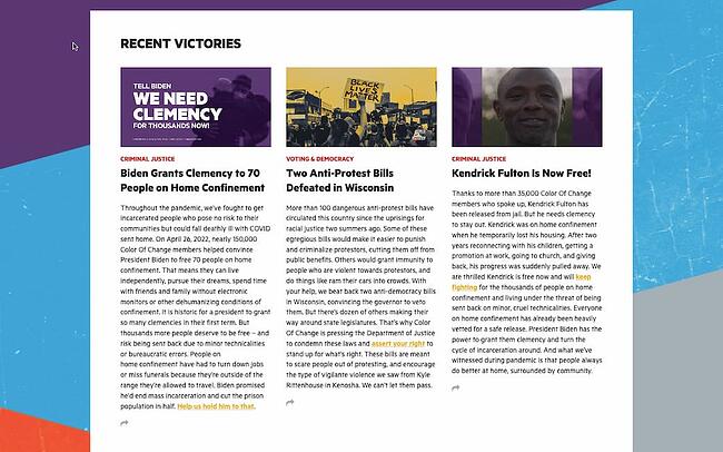 tendances de conception de sites Web : Color of Change utilise un arrière-plan de texture Web pour sa section de pétition en vedette sur la page d'accueil