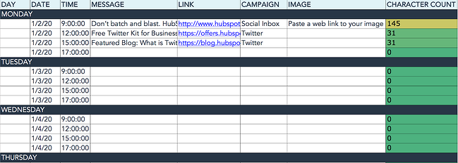 Calendrier de contenu des médias sociaux HubSpot pour Twitter