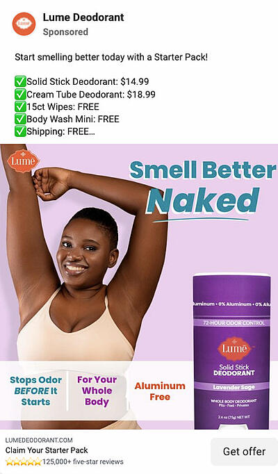 Exemple de publicité facebook pour le déodorant Lume
