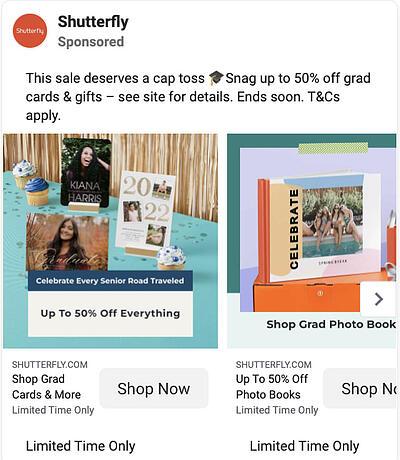 Exemple de publicité facebook multi-produits Shutterfly