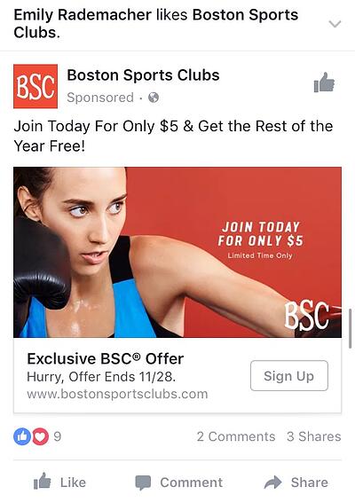 Annonce d'offre Facebook par Boston Sports Clubs