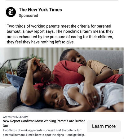 Article du New York Times Exemple de publicité photo sur Facebook