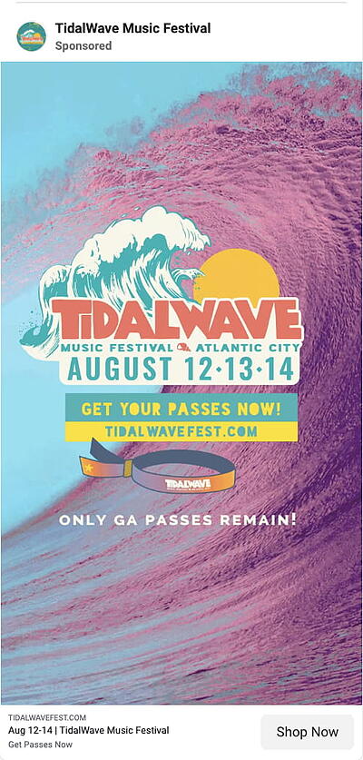 Exemple d'annonce d'événement Facebook Tidal Wave Music Festival