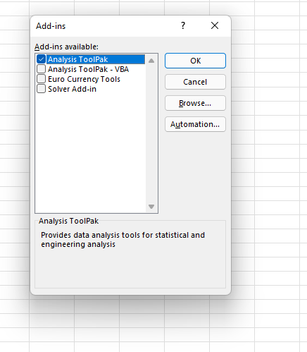 comment calculer le coefficient de corrélation dans Excel: fenêtre contextuelle du complément Toolpak d'analyse