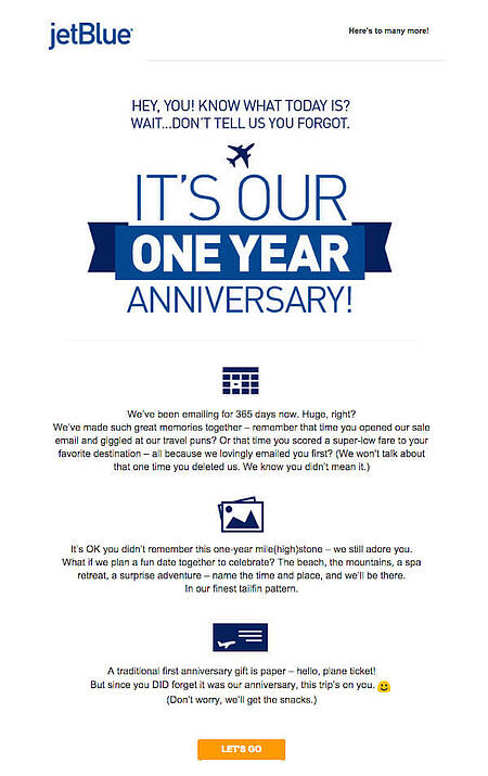 Exemple de campagne de marketing par e-mail : JetBlue - "C'est notre premier anniversaire"