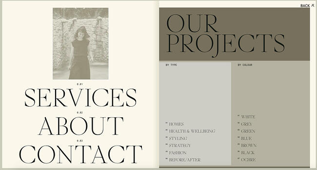 Tendances du design Web : la navigation expérimentale sur le site du portfolio de Kim Kneipp ressemble à la table des matières d'un livre